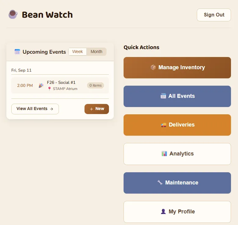 The Beanwatch home screen with upcoming events and quick actions for inventory, events, deliveries, analytics, and maintenance