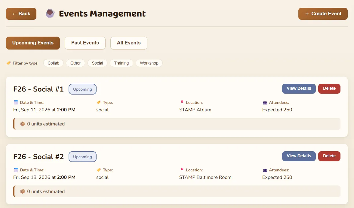 Beanwatch events page listing upcoming socials with date, type, location, and expected attendance