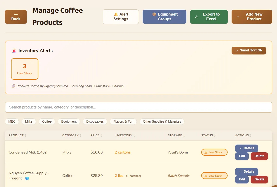 Beanwatch inventory page with low-stock alerts, urgency sorting, and a product table