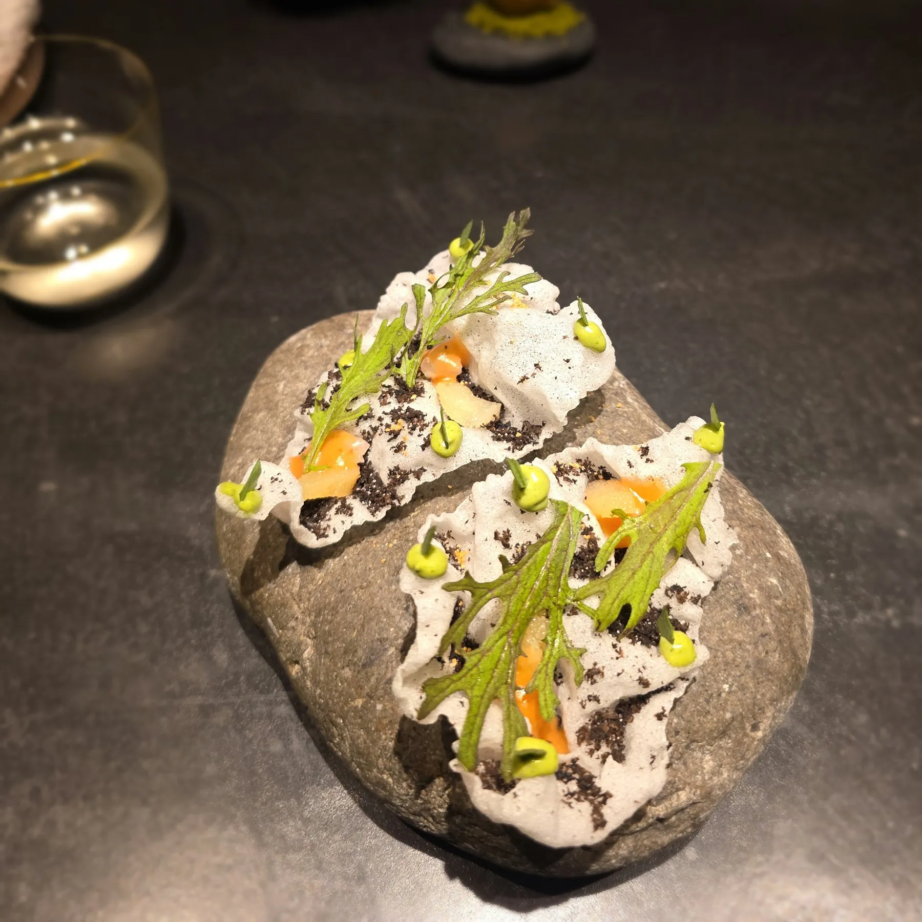 Cream and black crumbs with greens on a rock