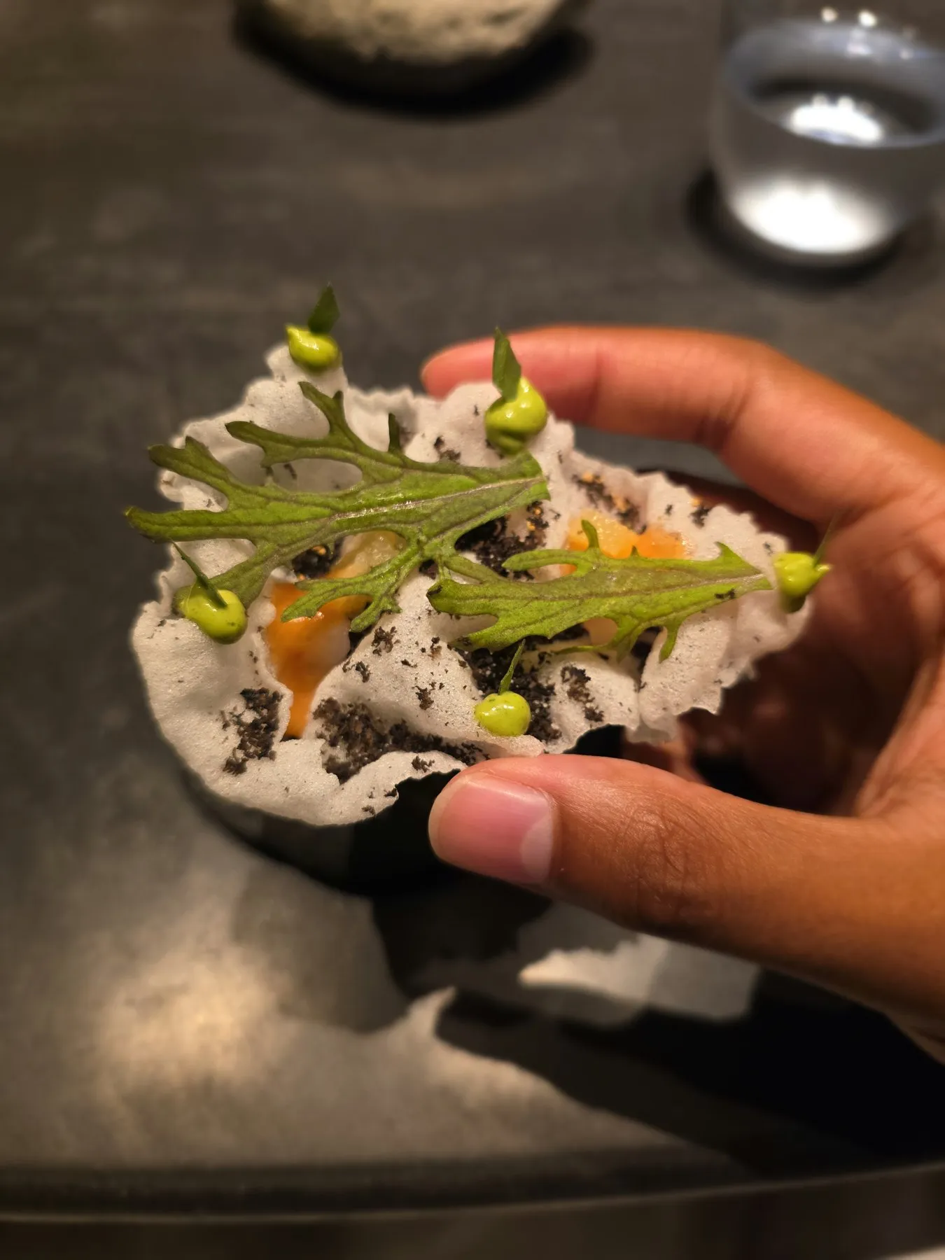 Hand holding a delicate rice cracker