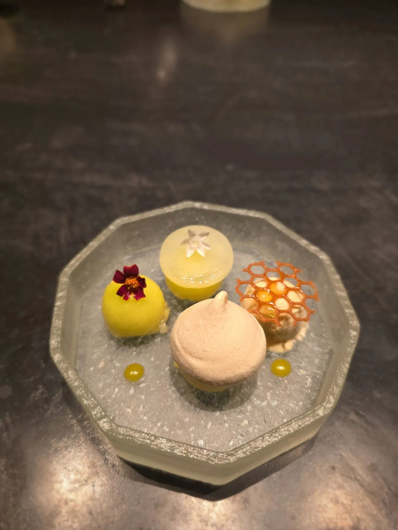 Dessert trio with a honeycomb tuile