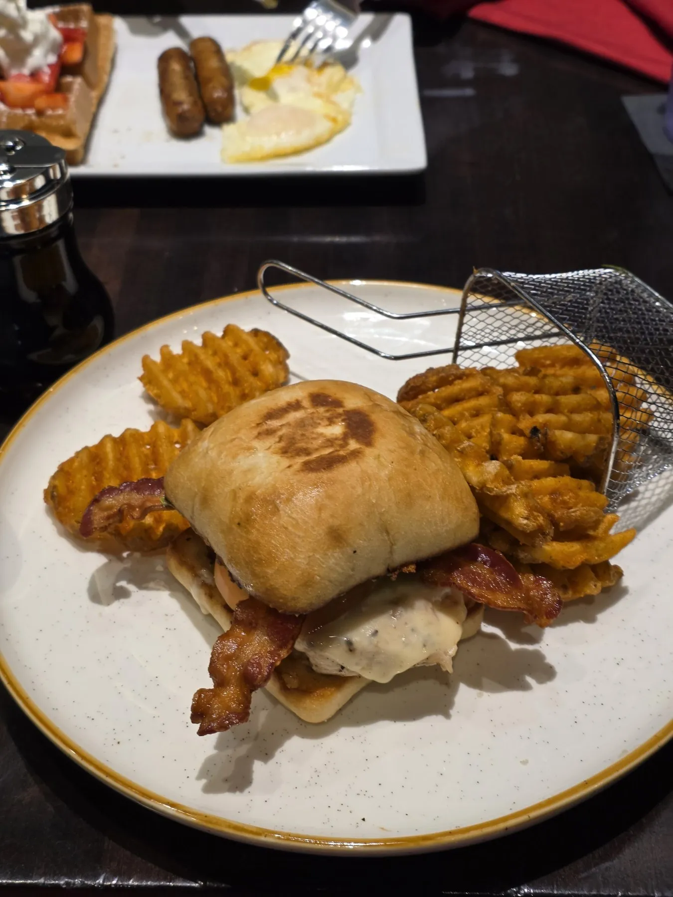 Breakfast sandwich with waffle fries