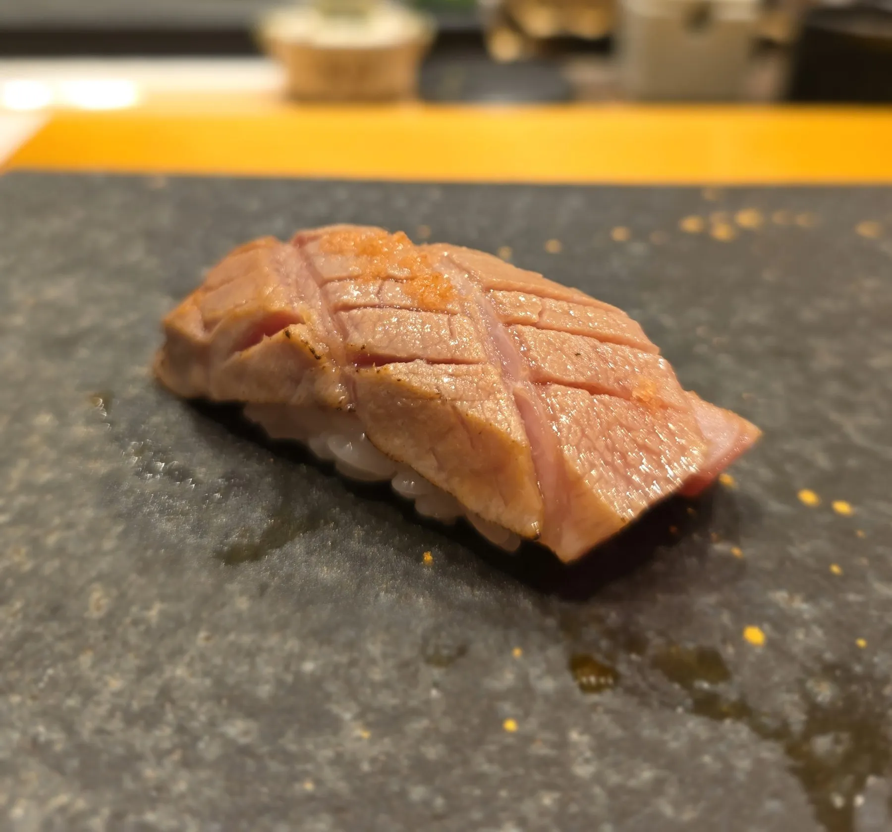Fatty tuna nigiri, scored and glazed
