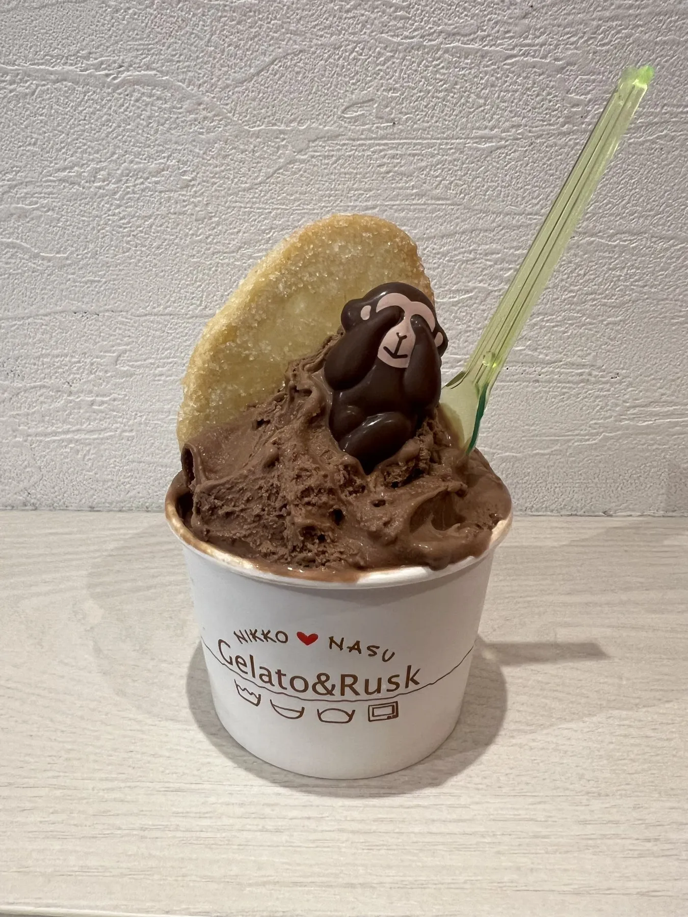 Cup of chocolate gelato with a wafer