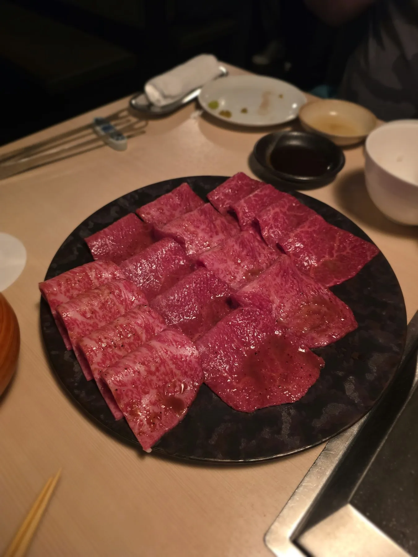 Platter of sliced raw wagyu