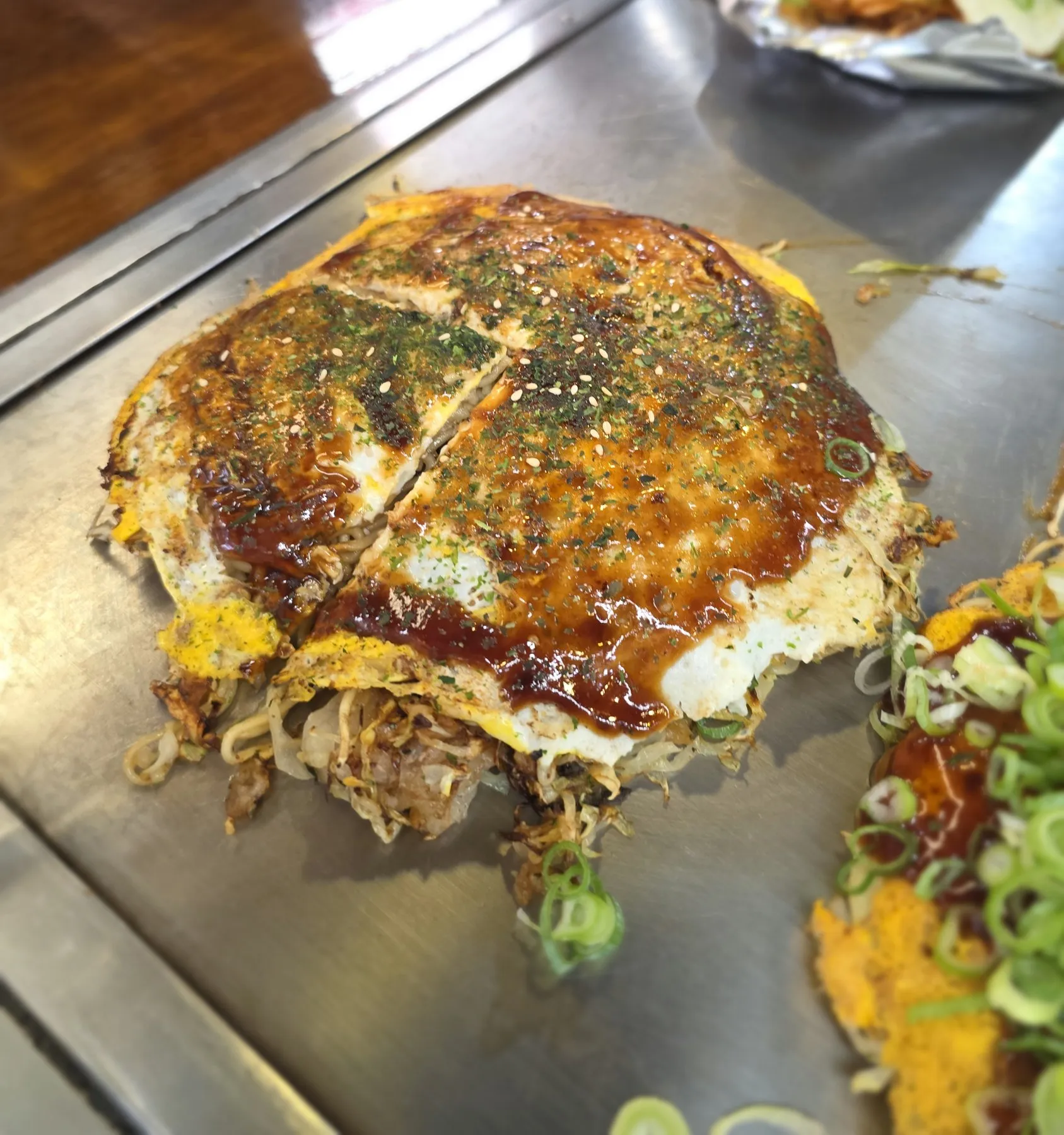 Okonomiyaki on a teppan grill