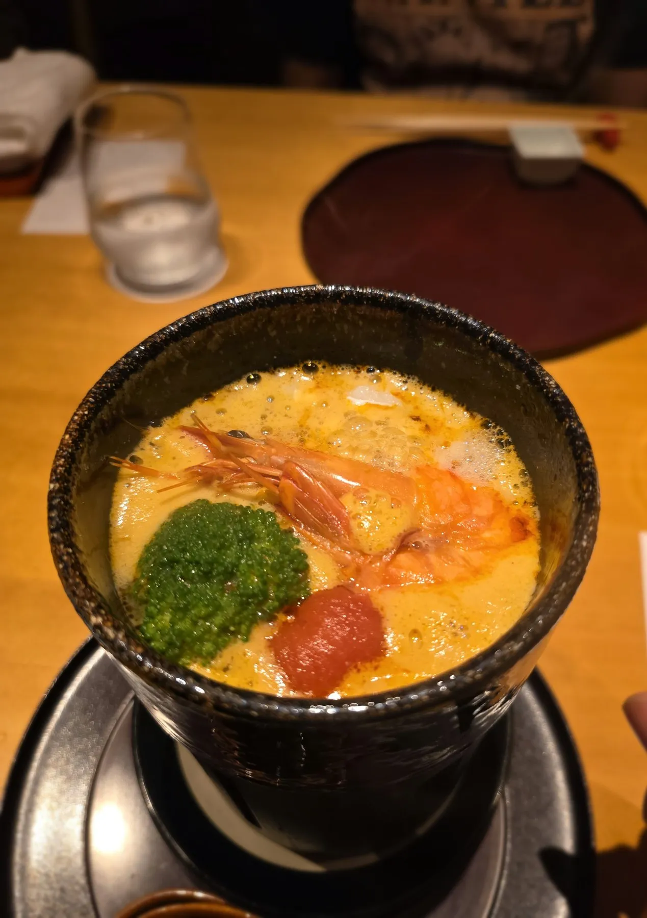 Savory egg custard with shrimp and tomato